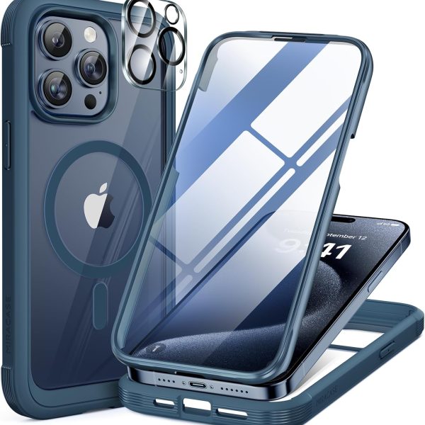 Miracase Magnetic for iPhone 15 Pro Max Case 6.7'' [Compatible with Magsafe] Full-Body Drop Proof Phone Case for iPhone 15 Pro Max with Built-in 9H Tempered Glass Screen Protector,Blue