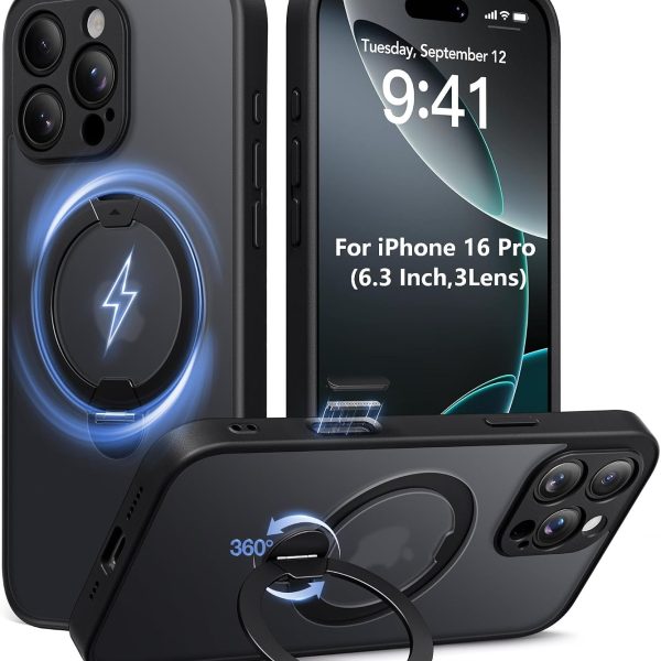 Magnetic for iPhone 16 Pro Case,[Unbreakable & Magnetic Stand][Military-Grade Protection] [Phone Case Compatible with MagSafe] Slim Translucent Matte Shockproof Phone Cover,Black