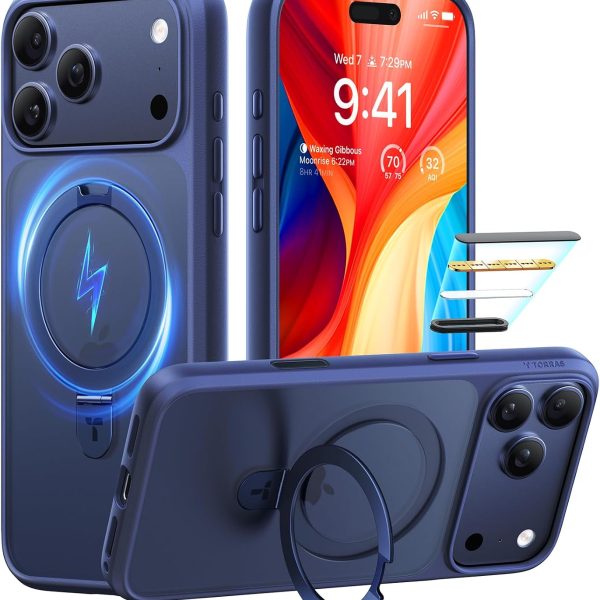 TORRAS Ostand for iPhone 17 Pro Case Magnetic, Fit for MagSafe, 4X Military Drop Protection, Camera Control, Slim Phone Case for iPhone 17 Pro with Kickstand, Translucent Matte Cover 6.3", Deep Blue
