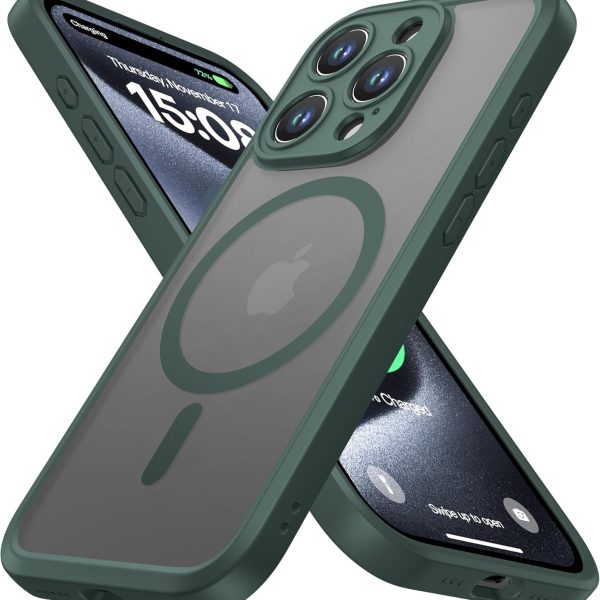 ImpactStrong Magnetic Guard Designed for iPhone 15 Pro Case [Camera Protection] [Military Grade Drop Tested] [Compatible with MagSafe] Slim Translucent Matte Phone Case (6.1") - Dark Green