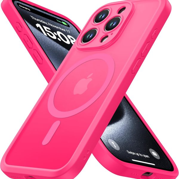 ImpactStrong Magnetic Guard Designed for iPhone 15 Pro Case [Camera Protection] [Military Grade Drop Tested] [Compatible with MagSafe] Slim Translucent Matte Phone Case (6.1") - Hot Pink
