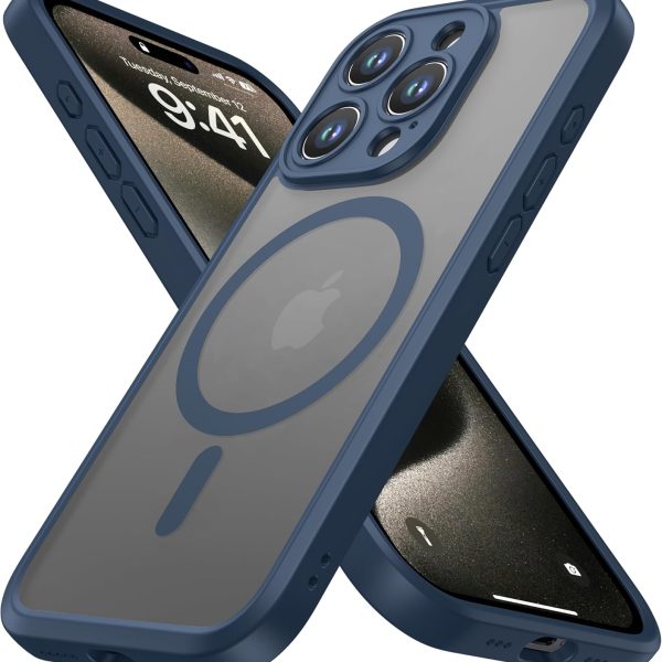 ImpactStrong Magnetic Guard Designed for iPhone 15 Pro Case [Camera Protection] [Military Grade Drop Tested] [Compatible with MagSafe] Slim Translucent Matte Phone Case (6.1") - Navy Blue