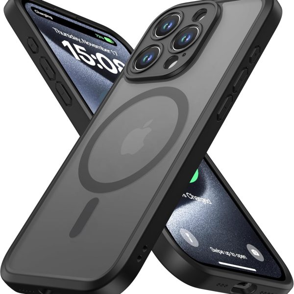ImpactStrong Magnetic Guard Designed for iPhone 15 Pro Case [Camera Protection] [Military Grade Drop Tested] [Compatible with MagSafe] Slim Translucent Matte Phone Case (6.1") - Black